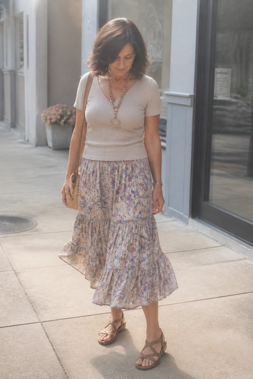 Woman in beige top and floral tiered skirt with woven bag on sidewalk