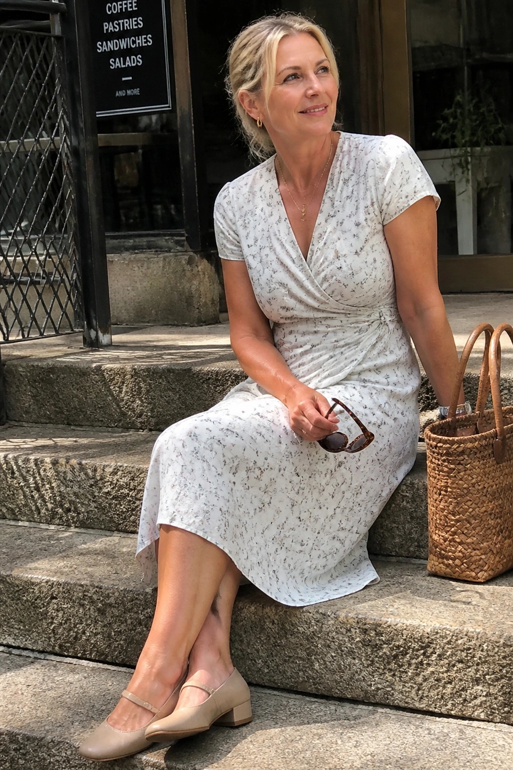 A woman wearing a white floral print wrap midi dress with short sleeves, beige Mary Jane block heel shoes, holding sunglasses, sitting on stone steps with a woven bag nearby.
