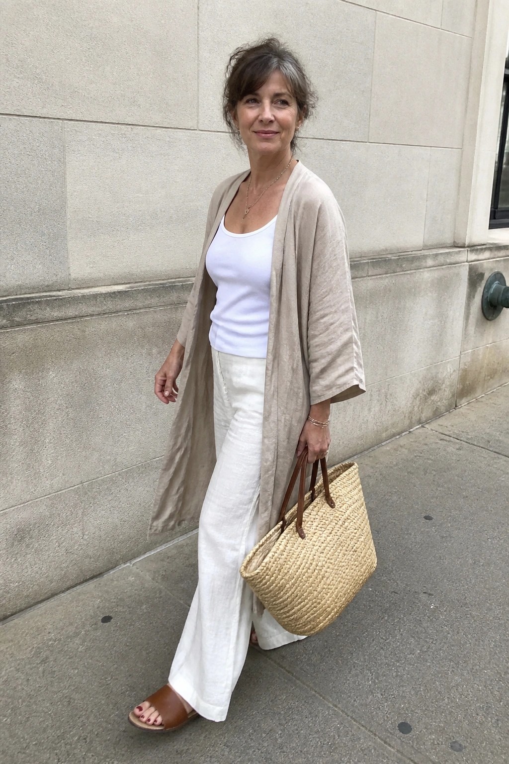 Woman in white linen and long beige cardigan holding woven straw tote bag outdoors