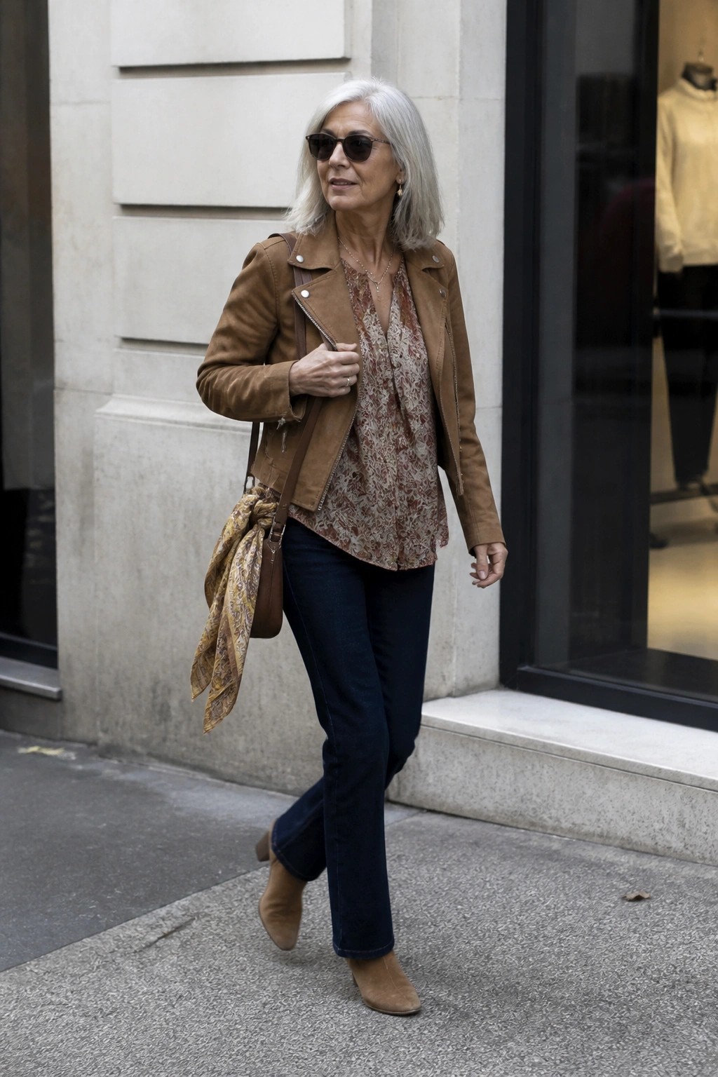 Silver-haired woman in brown suede jacket and dark jeans walks on city sidewalk.