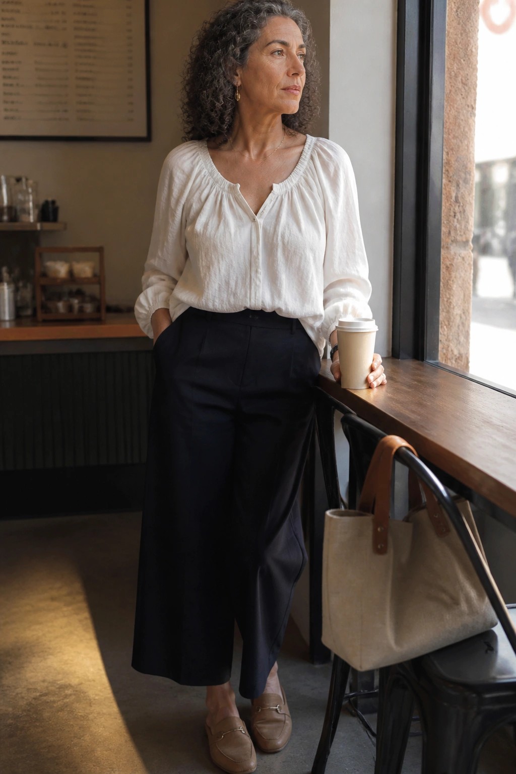 Woman with curly gray hair in white blouse and black pants holding coffee in cafe.