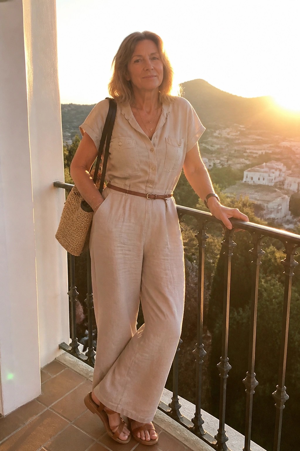 Woman in beige linen jumpsuit with woven bag on balcony at sunset