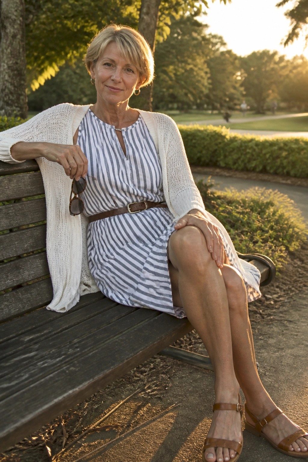 Short-haired blonde woman in striped dress and white cardigan on park bench