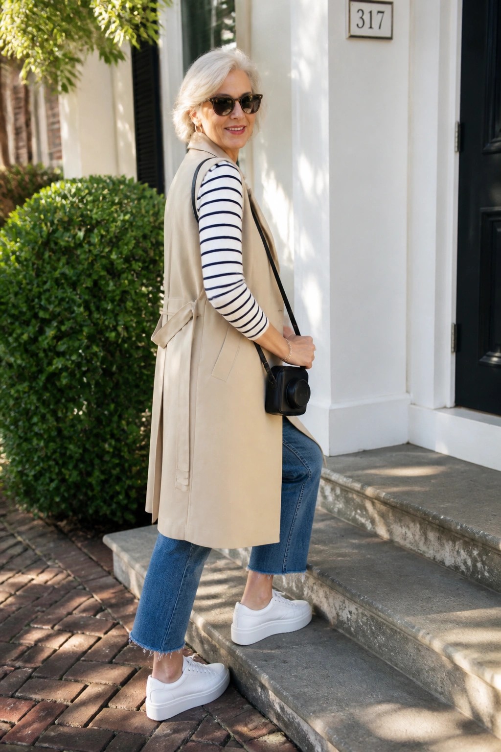 Woman in beige trench vest over striped shirt on house steps with camera bag