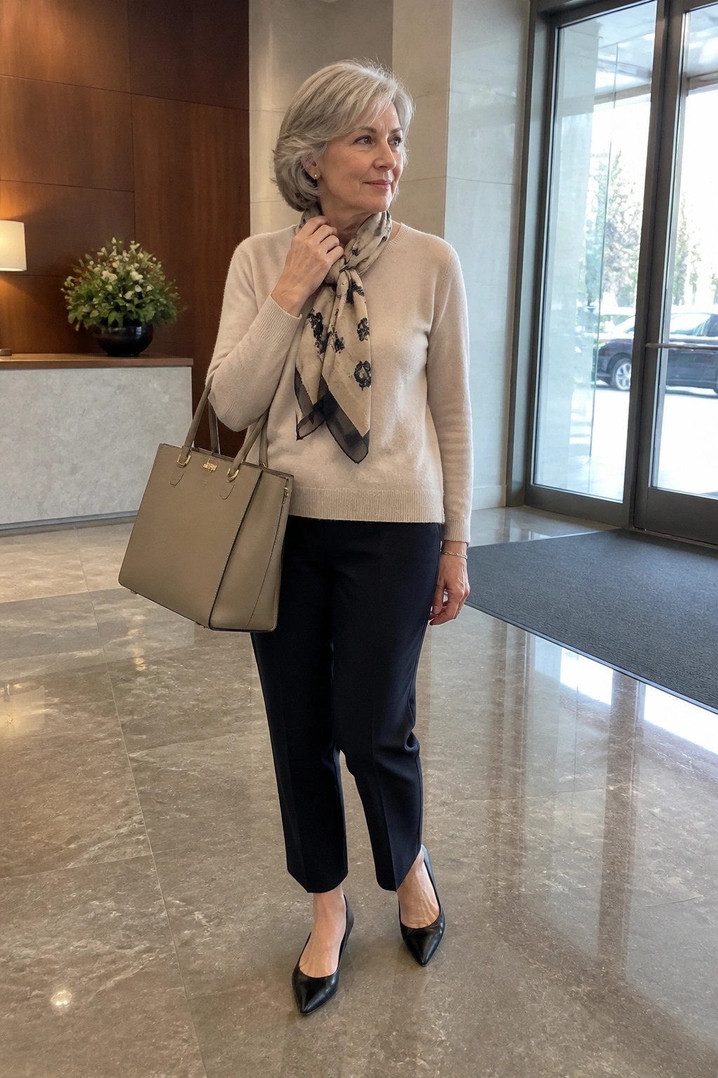 Gray-haired woman in beige sweater and scarf holding taupe handbag in modern lobby.