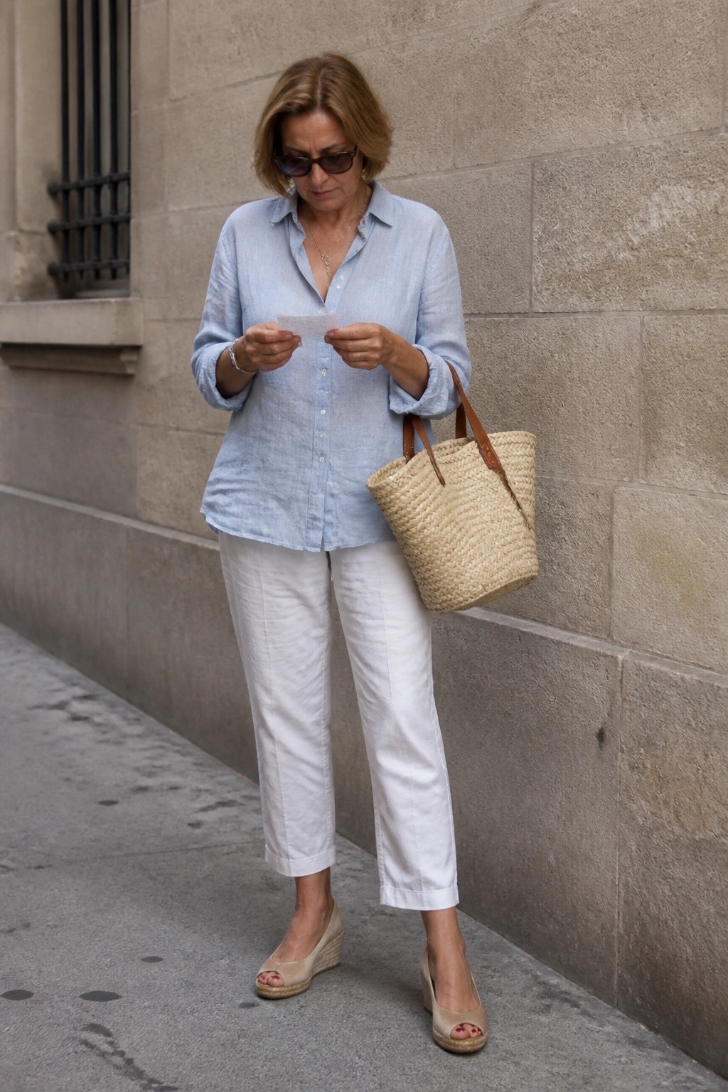 Woman wearing light blue button down shirt tucked into white cropped pants with beige wedge espadrilles and carrying a woven straw tote while looking at a small paper.