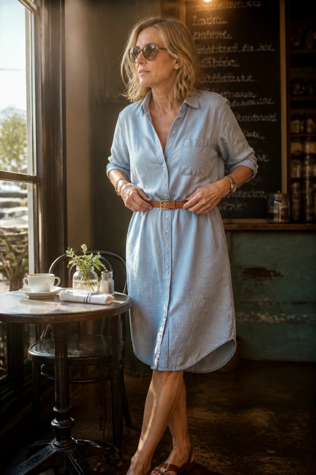 Woman in light blue belted denim shirt dress adjusting belt in sunlit cafe