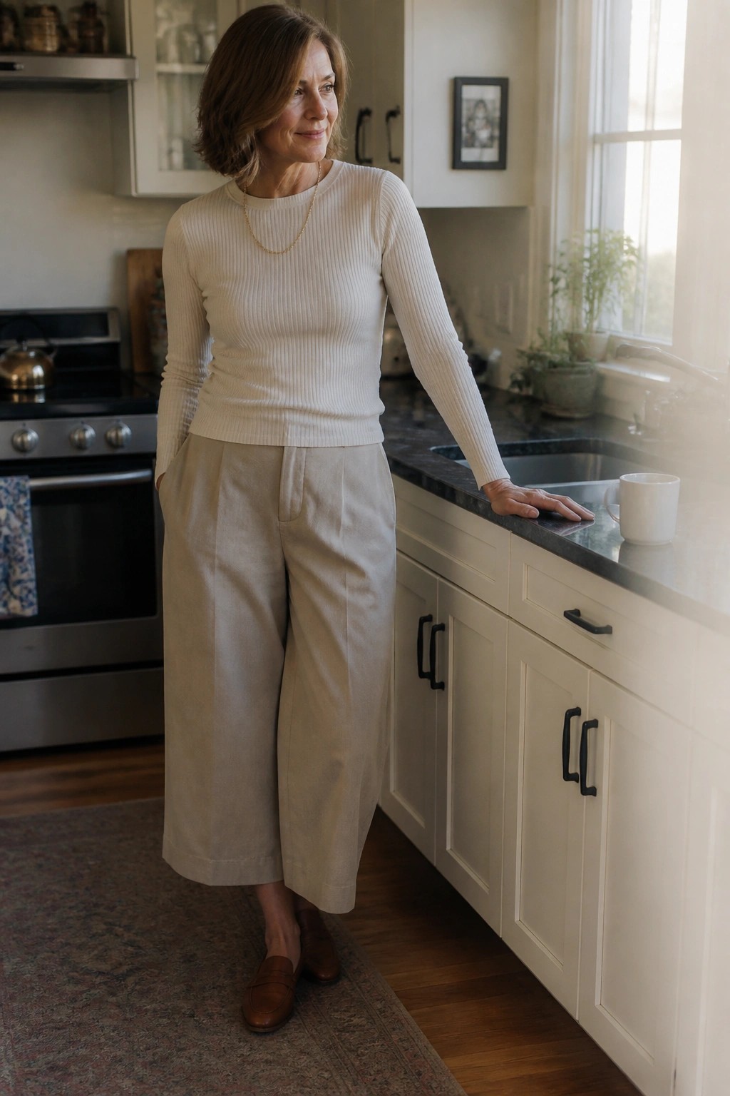Woman in cream ribbed sweater and beige wide-leg pants leaning on kitchen counter