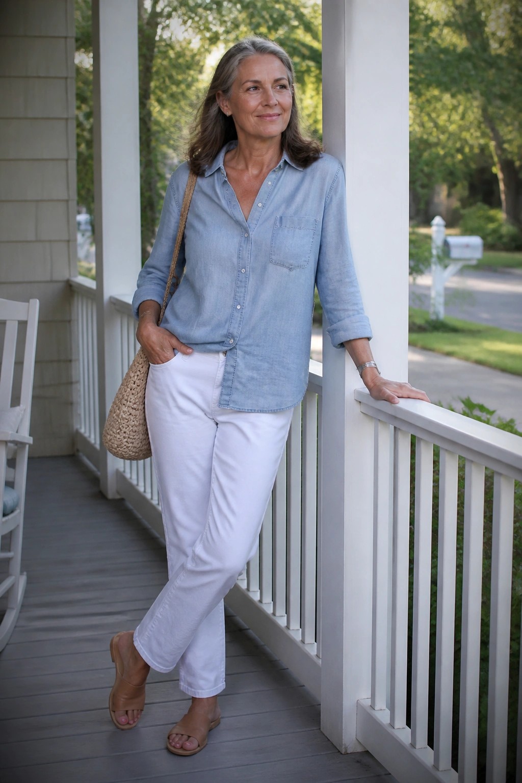 Woman over 50 in light blue chambray button-up shirt with rolled sleeves and front pocket, paired with white pants, brown slide sandals, and woven straw bag.