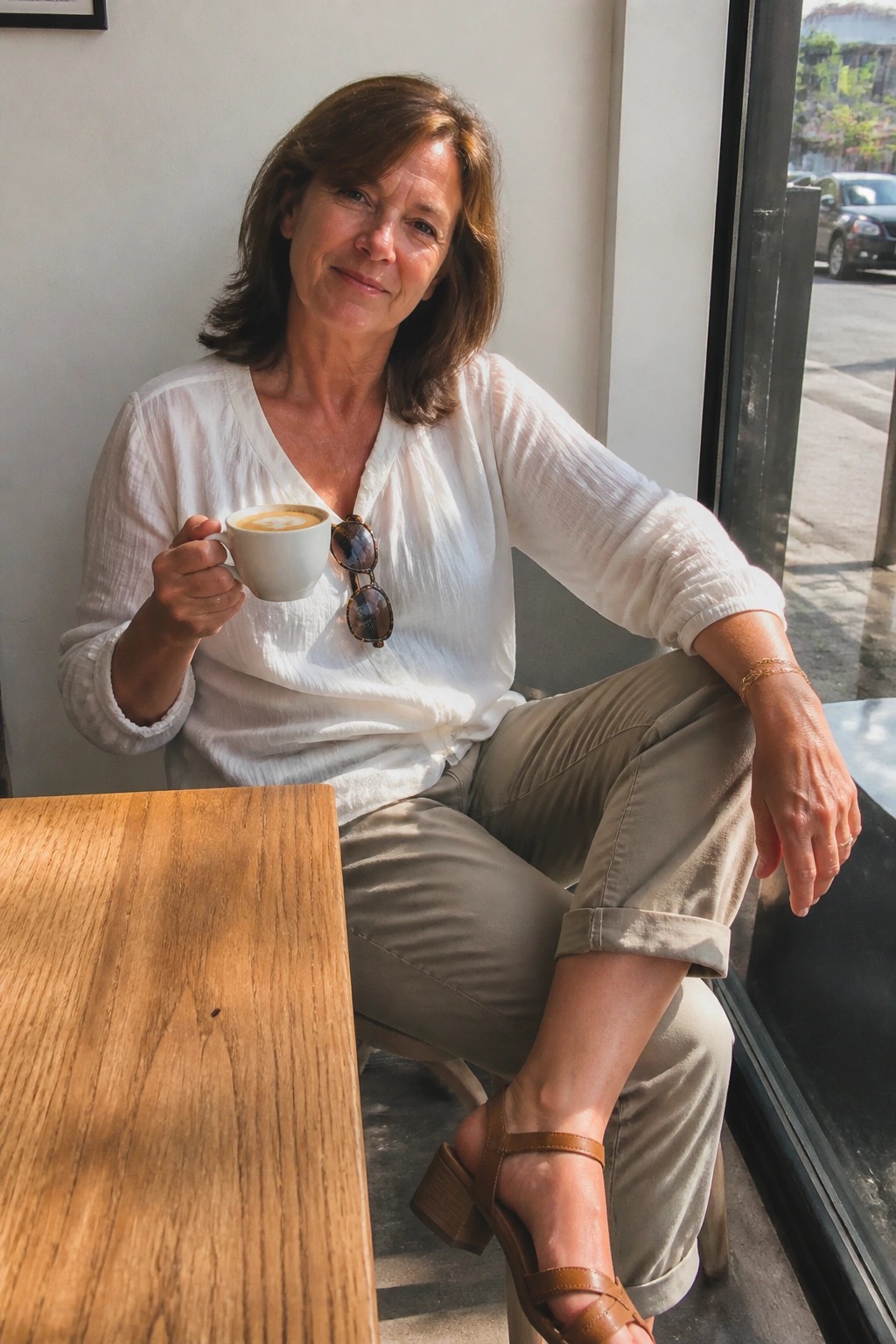 Woman in white blouse holds latte seated by cafe window in sunlight