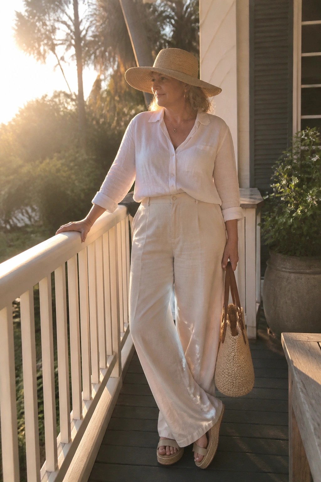 Woman over 50 wearing an all white linen button front shirt with rolled sleeves tucked into wide leg cream linen pants, paired with a wide brim straw hat, woven straw tote bag, beige espadrille platform sandals and a delicate necklace.
