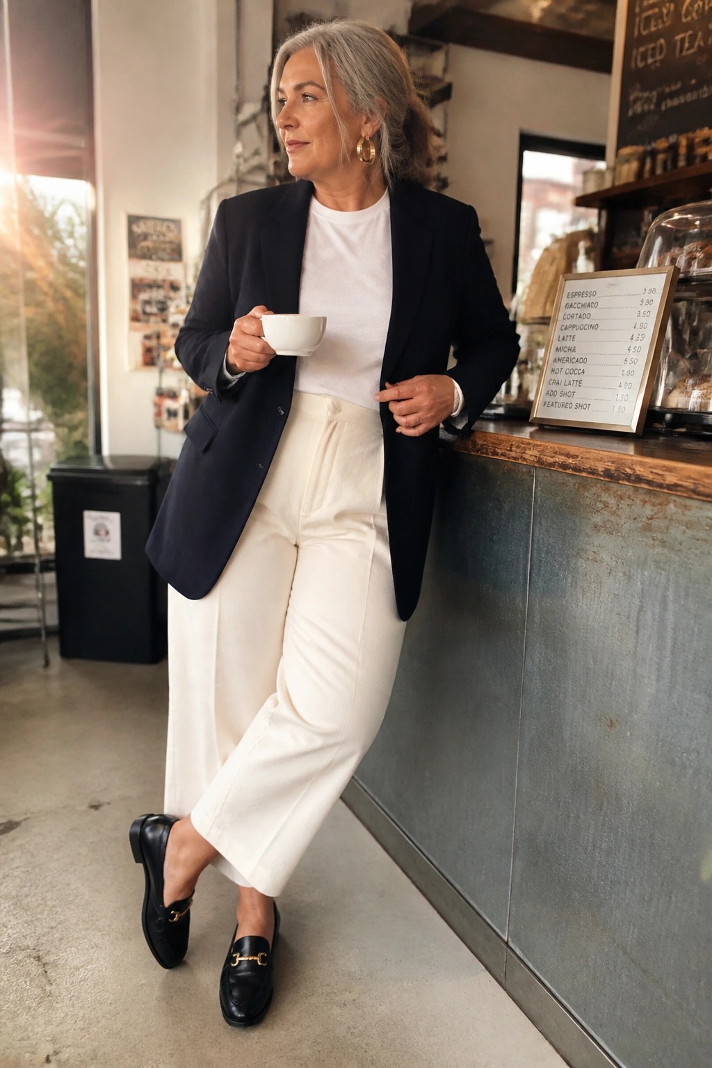 Gray-haired woman in navy blazer and white pants holding coffee cup in cafe