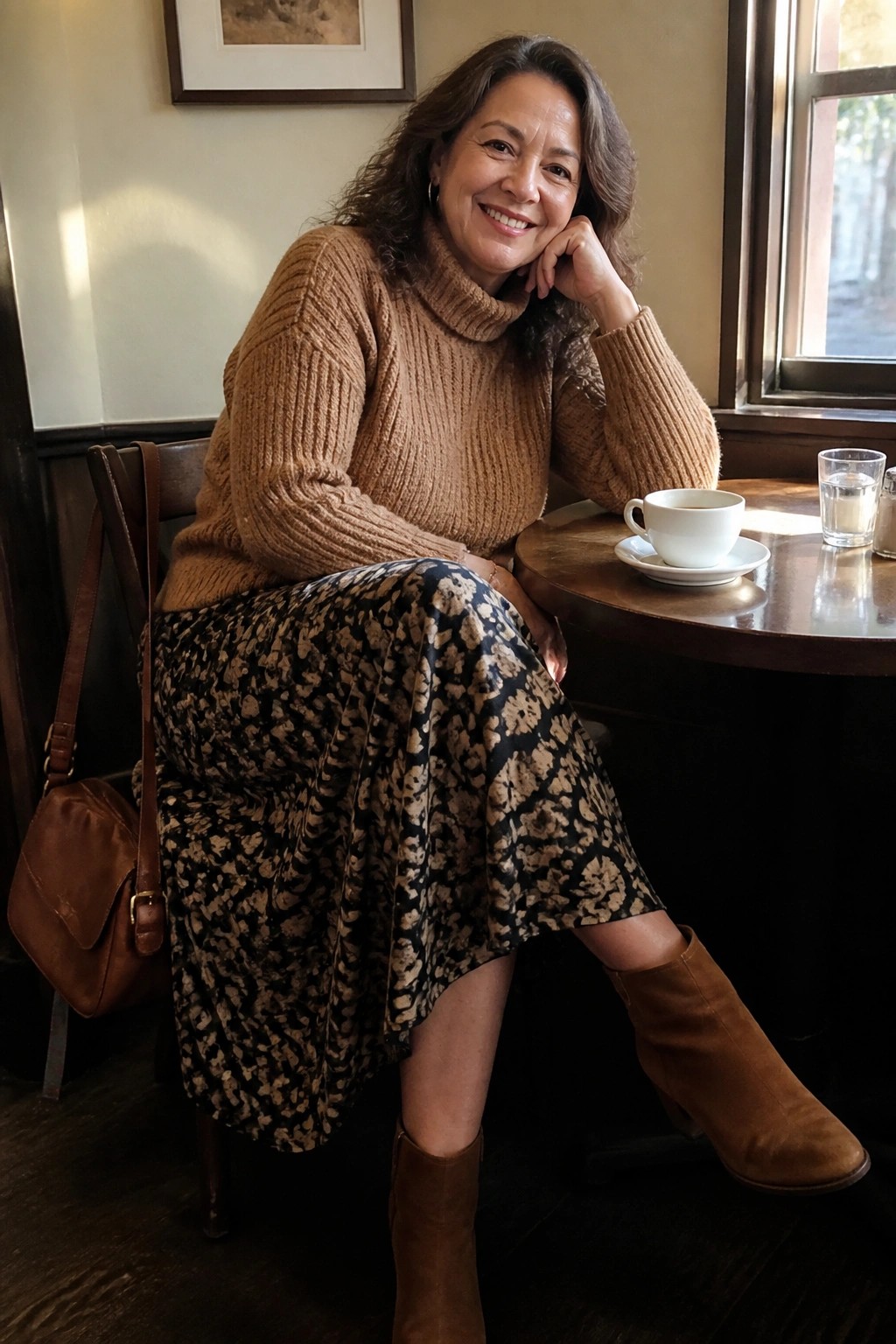 Woman in tan turtleneck sweater and floral skirt smiles at cafe table with coffee
