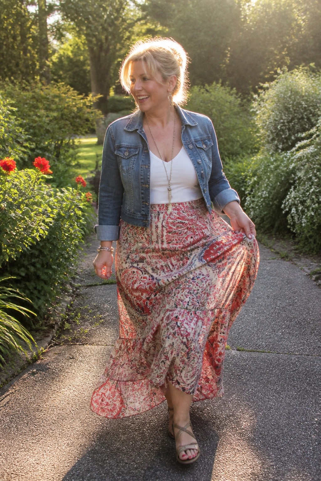 Smiling blonde woman in denim jacket and red patterned skirt on garden path