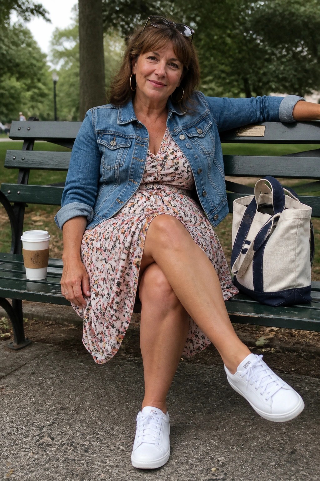 Woman in denim jacket and floral dress on park bench with coffee and tote bag.
