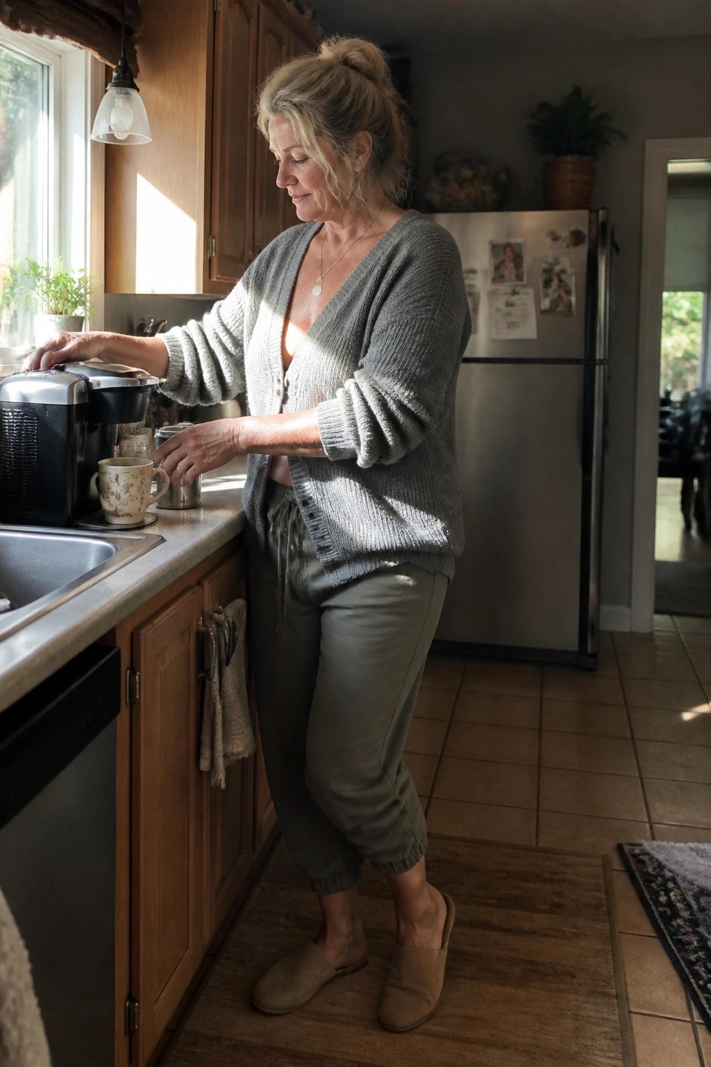 Woman with hair in bun wearing gray cardigan makes coffee in sunlit kitchen