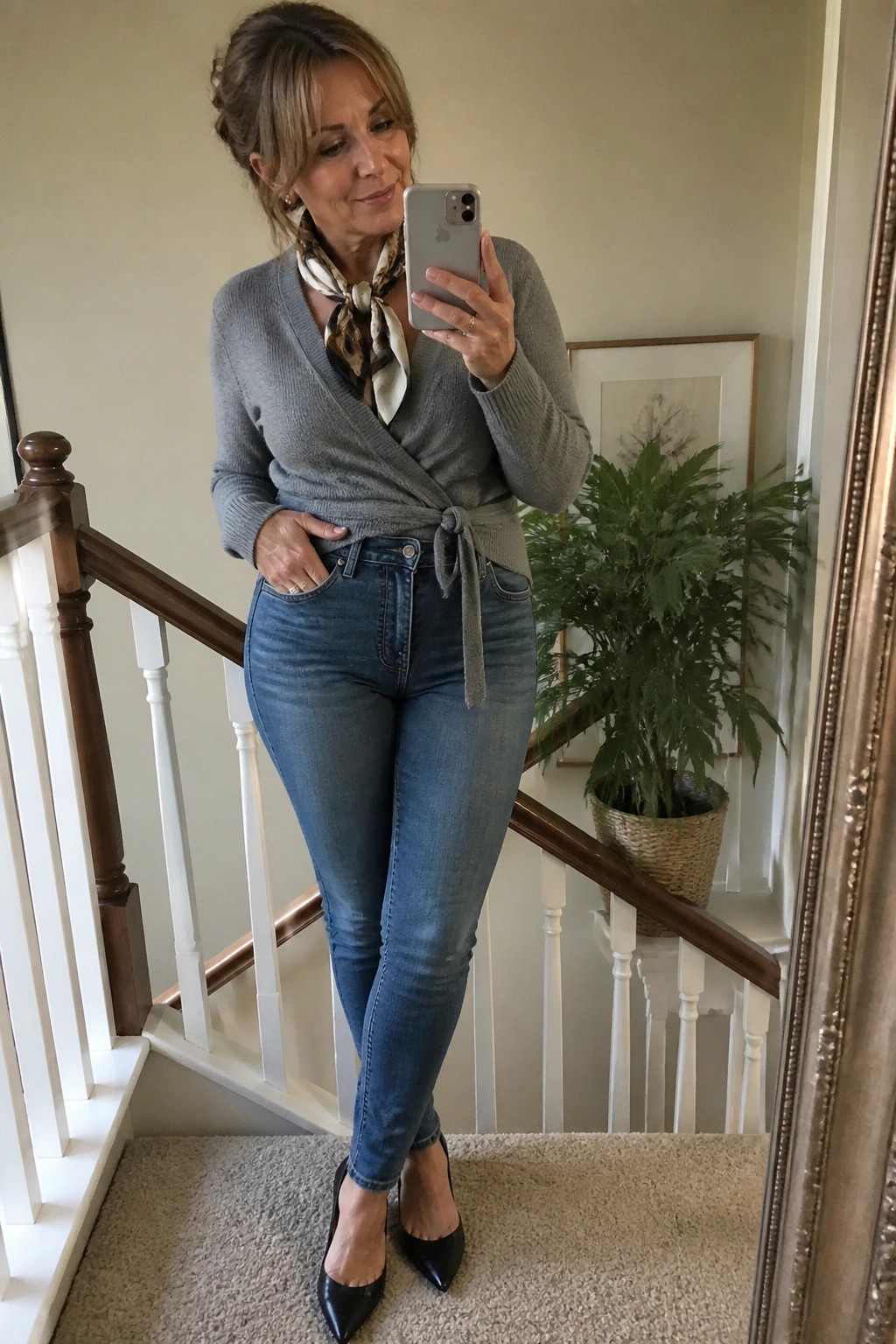 Woman in gray wrap sweater and jeans taking mirror selfie on stairs