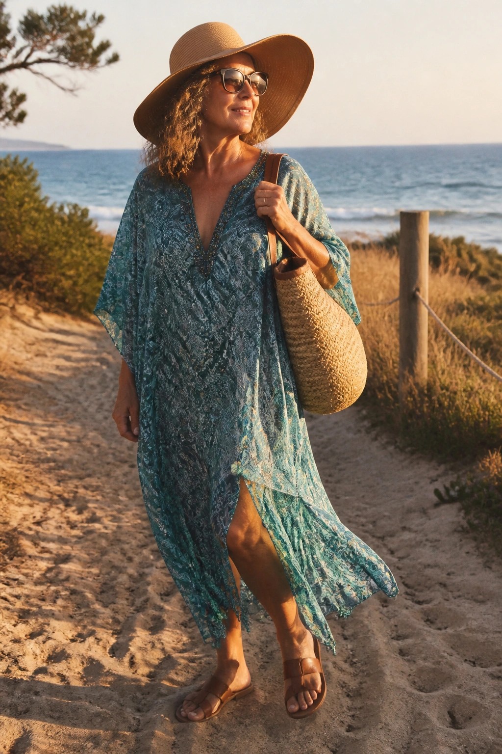 Woman in turquoise patterned kaftan, straw hat, and bag on beach path at sunset