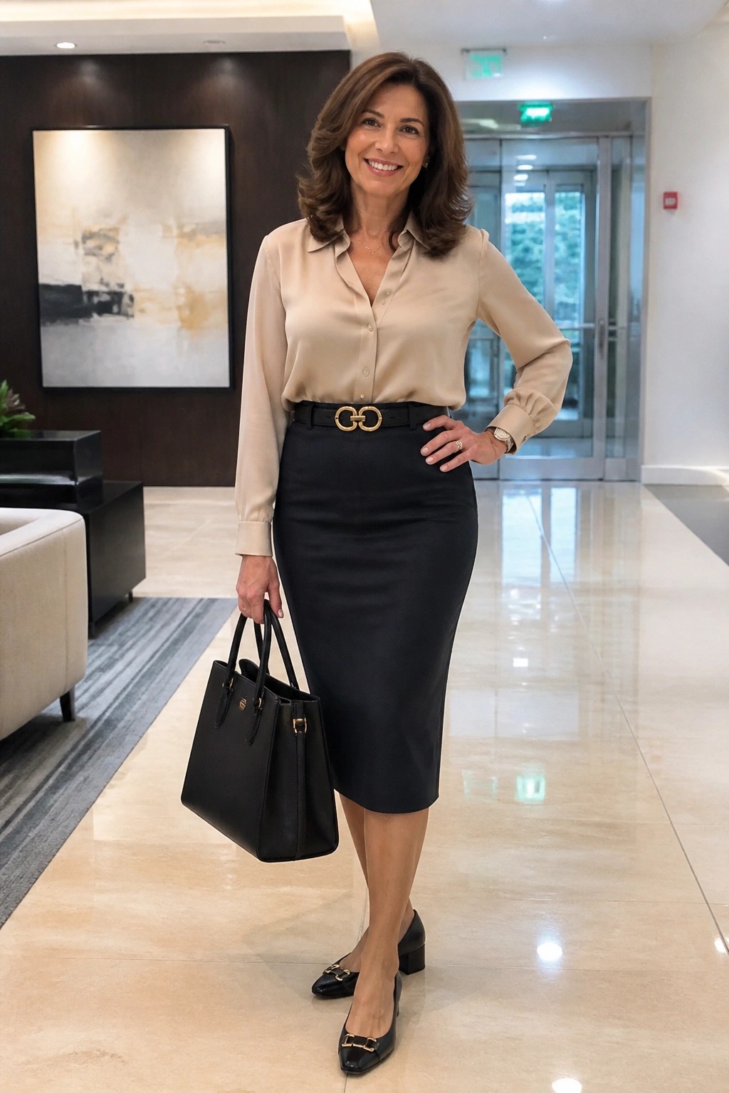 Woman in beige blouse and black skirt holding handbag in modern lobby