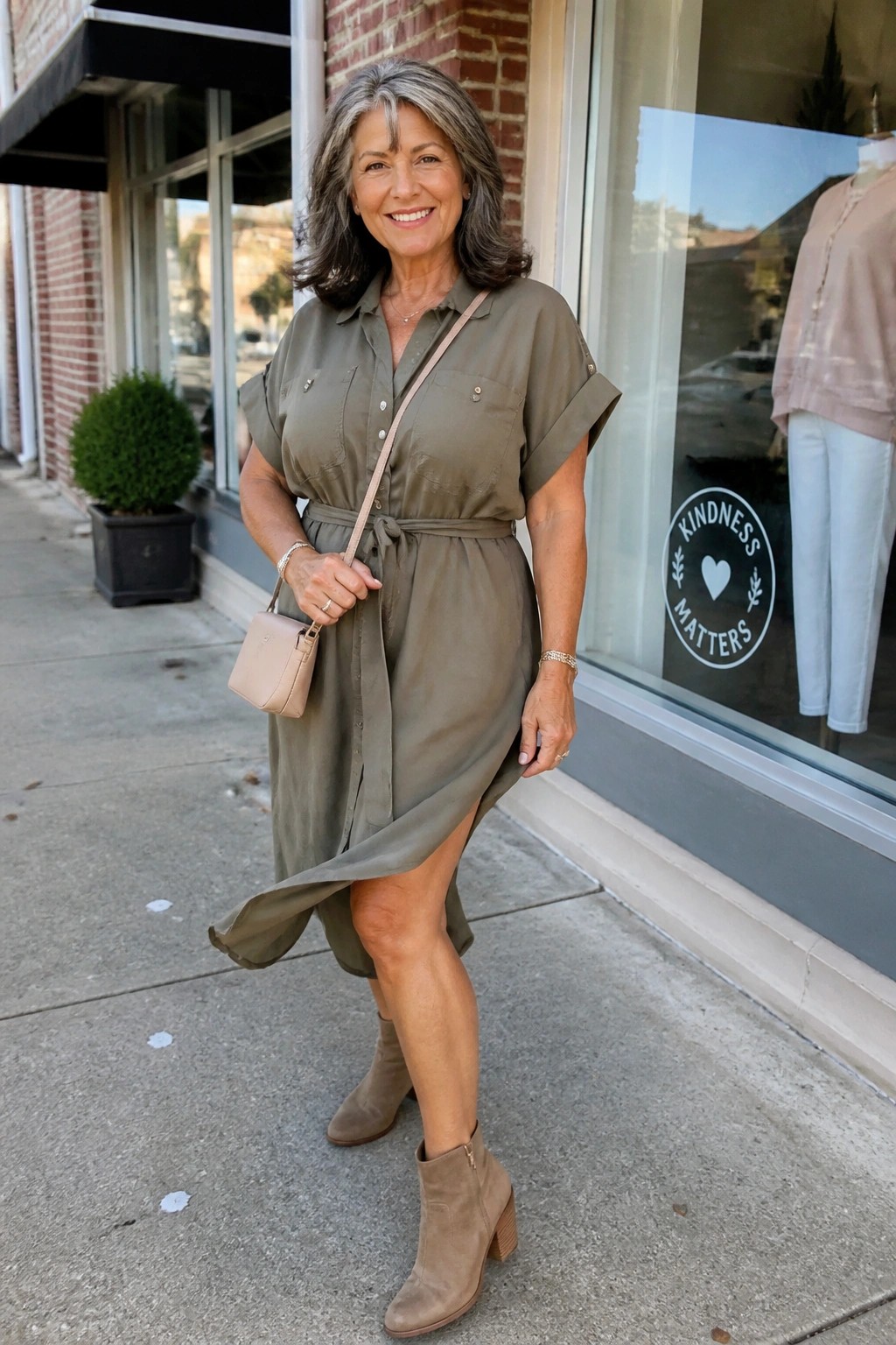 Smiling woman in olive green belted shirt dress and taupe ankle boots on sidewalk