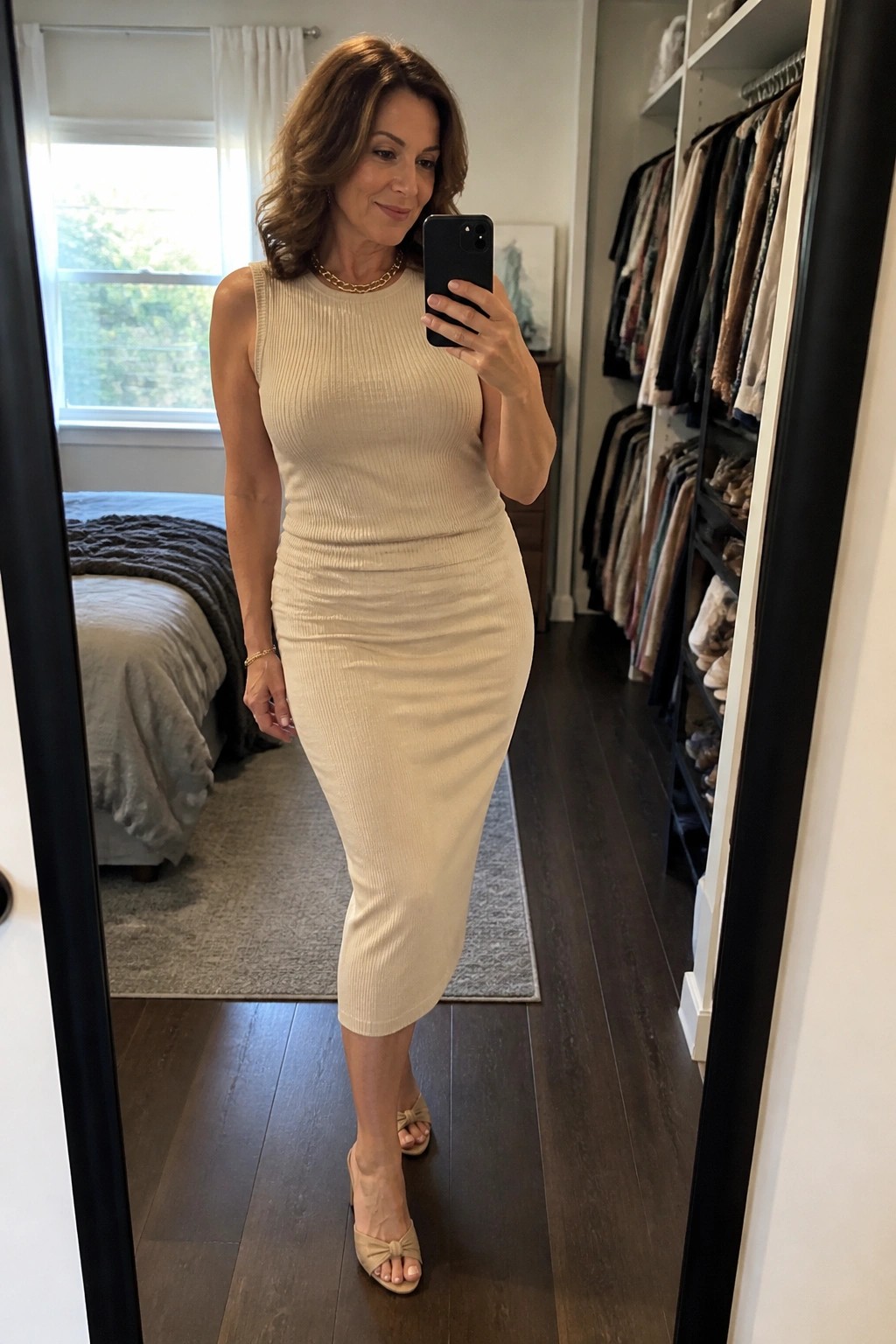 Woman in beige ribbed midi dress taking mirror selfie in walk-in closet