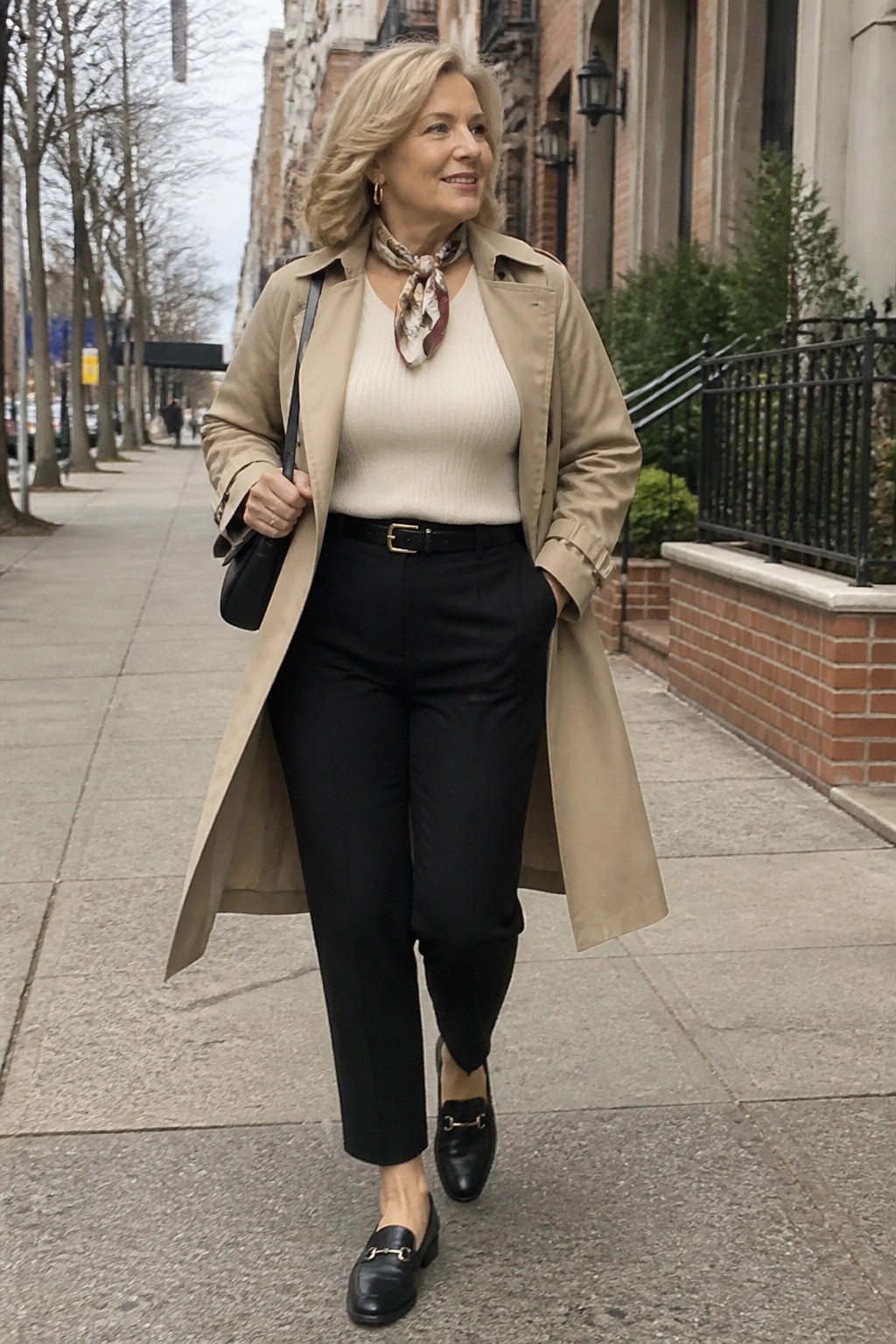 Blonde woman in beige trench coat, cream sweater, and black pants on sidewalk