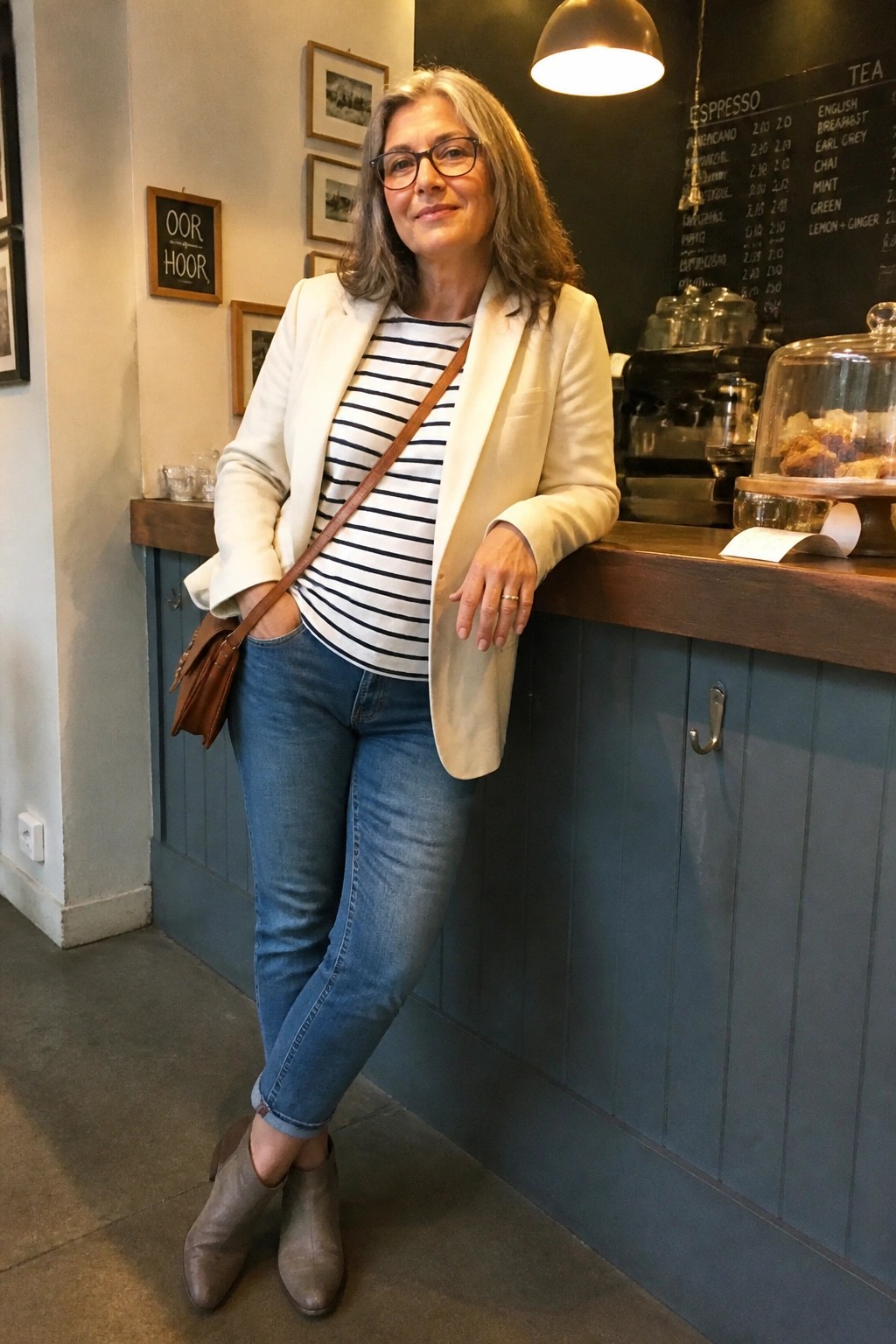 Gray-haired woman in white blazer and striped top leaning on cafe counter