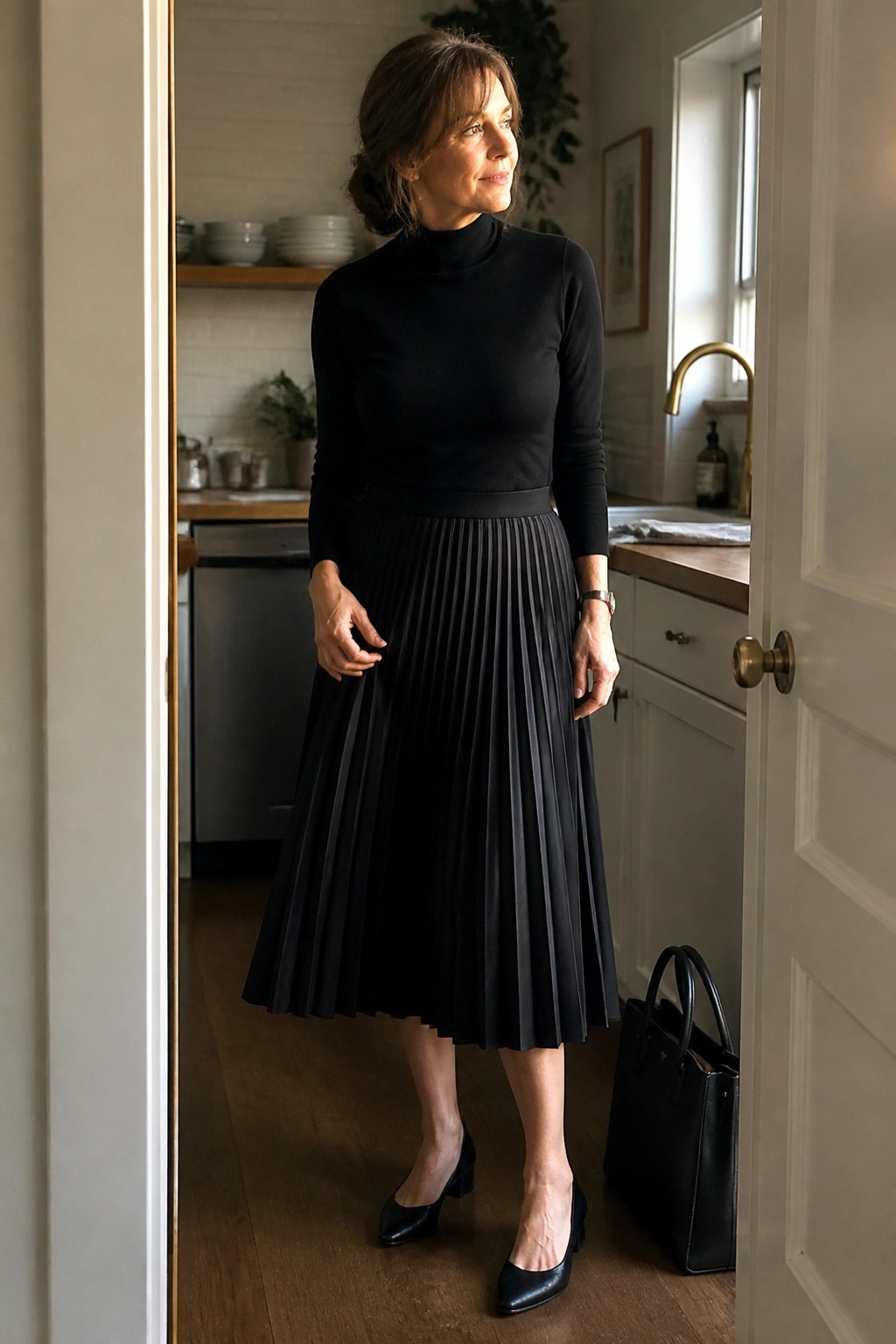 Woman in black turtleneck and pleated skirt standing in kitchen doorway