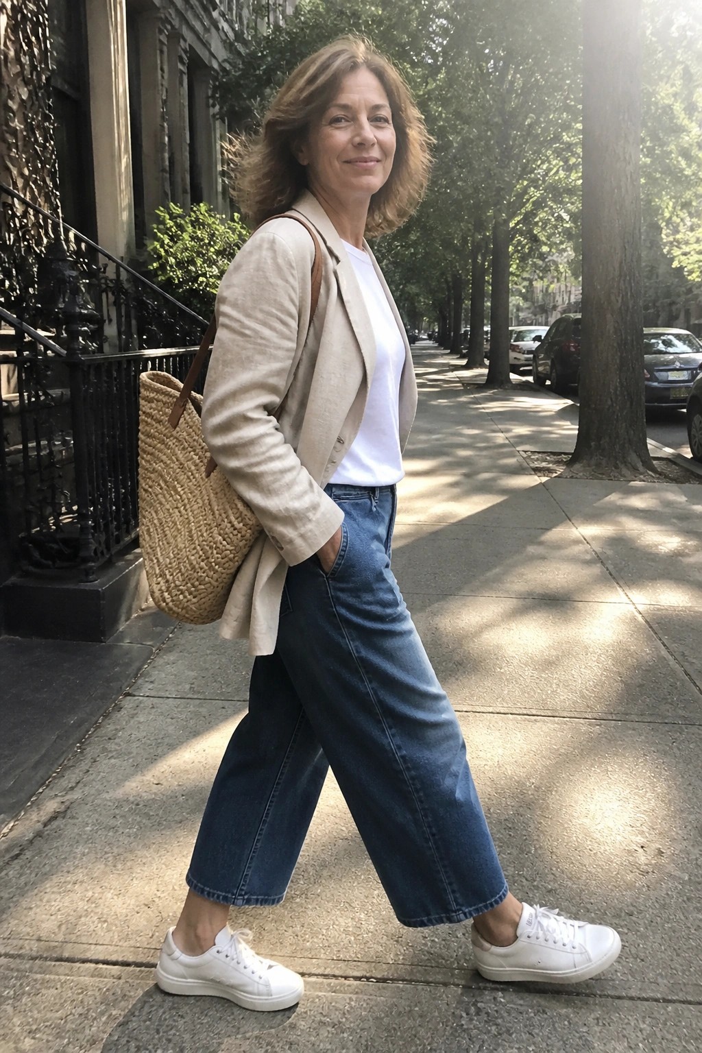 Stylish woman in beige blazer and wide denim jeans walks sunny sidewalk with straw bag