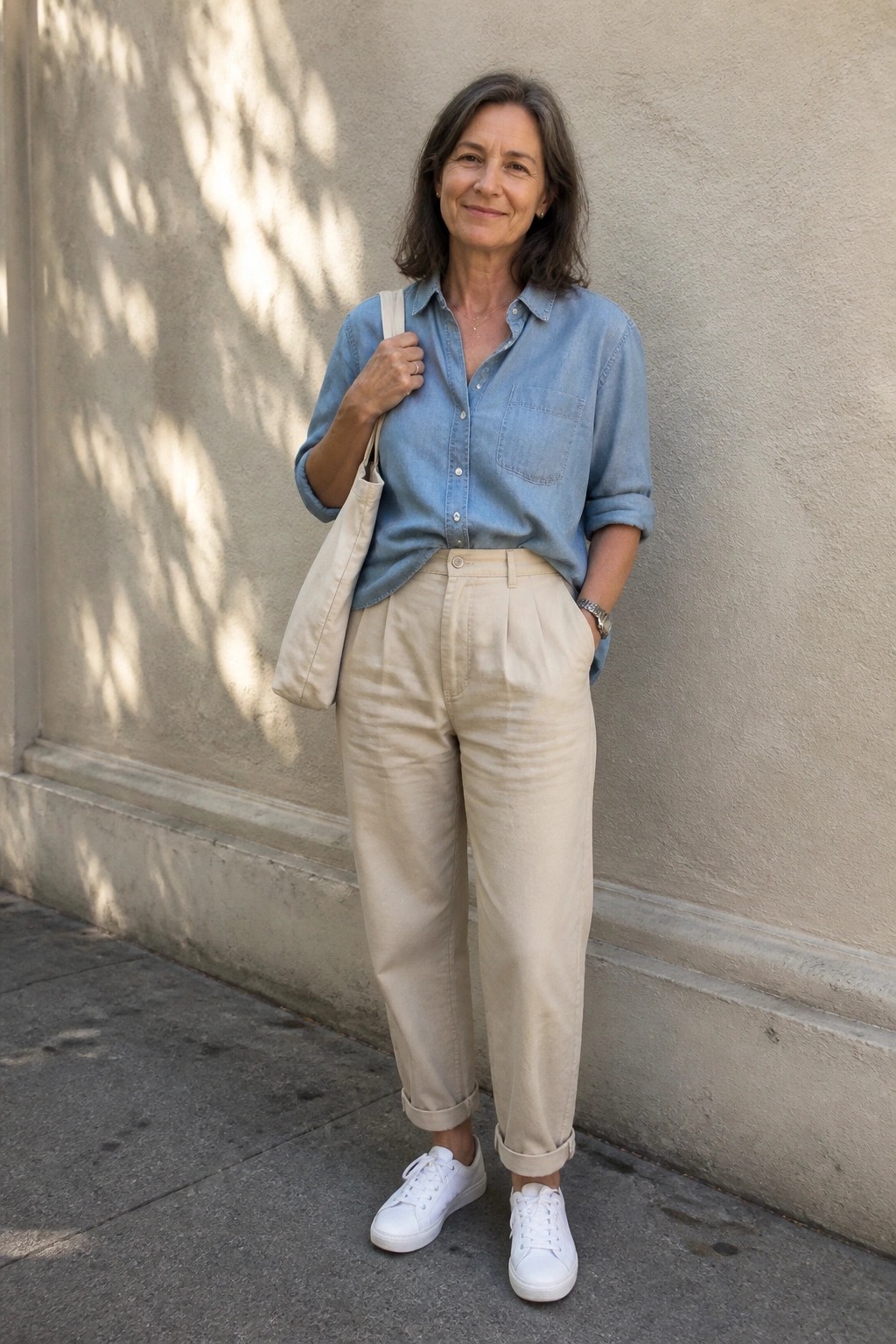 Woman in blue denim shirt and beige pants holding tote bag against wall