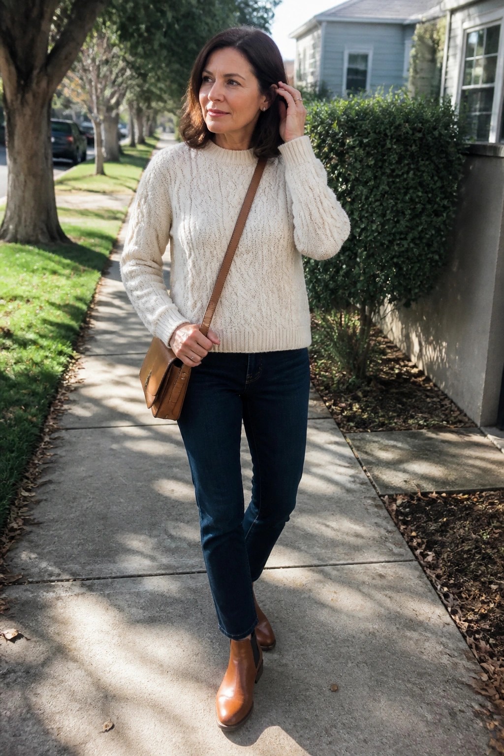 Woman in cream cable-knit sweater and blue jeans on tree-lined sidewalk