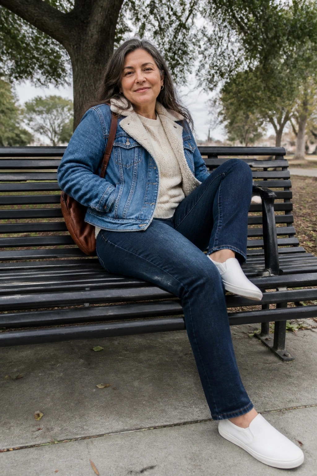 Woman in blue denim sherpa jacket and jeans on black park bench