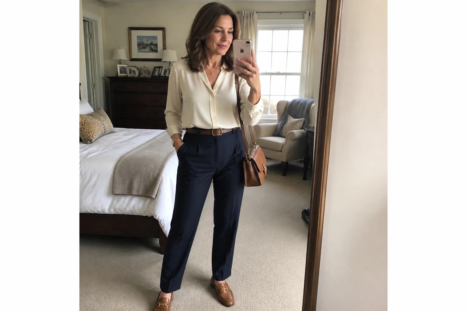 Woman in cream blouse and navy pants taking mirror selfie in bedroom