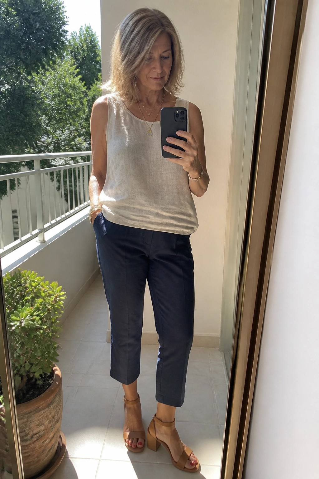 Woman in white tank top and navy cropped pants taking balcony mirror selfie
