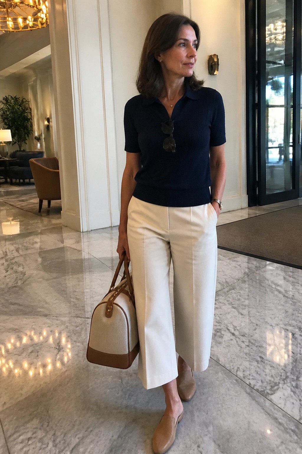 Woman in navy polo sweater and white cropped pants holding handbag in elegant lobby