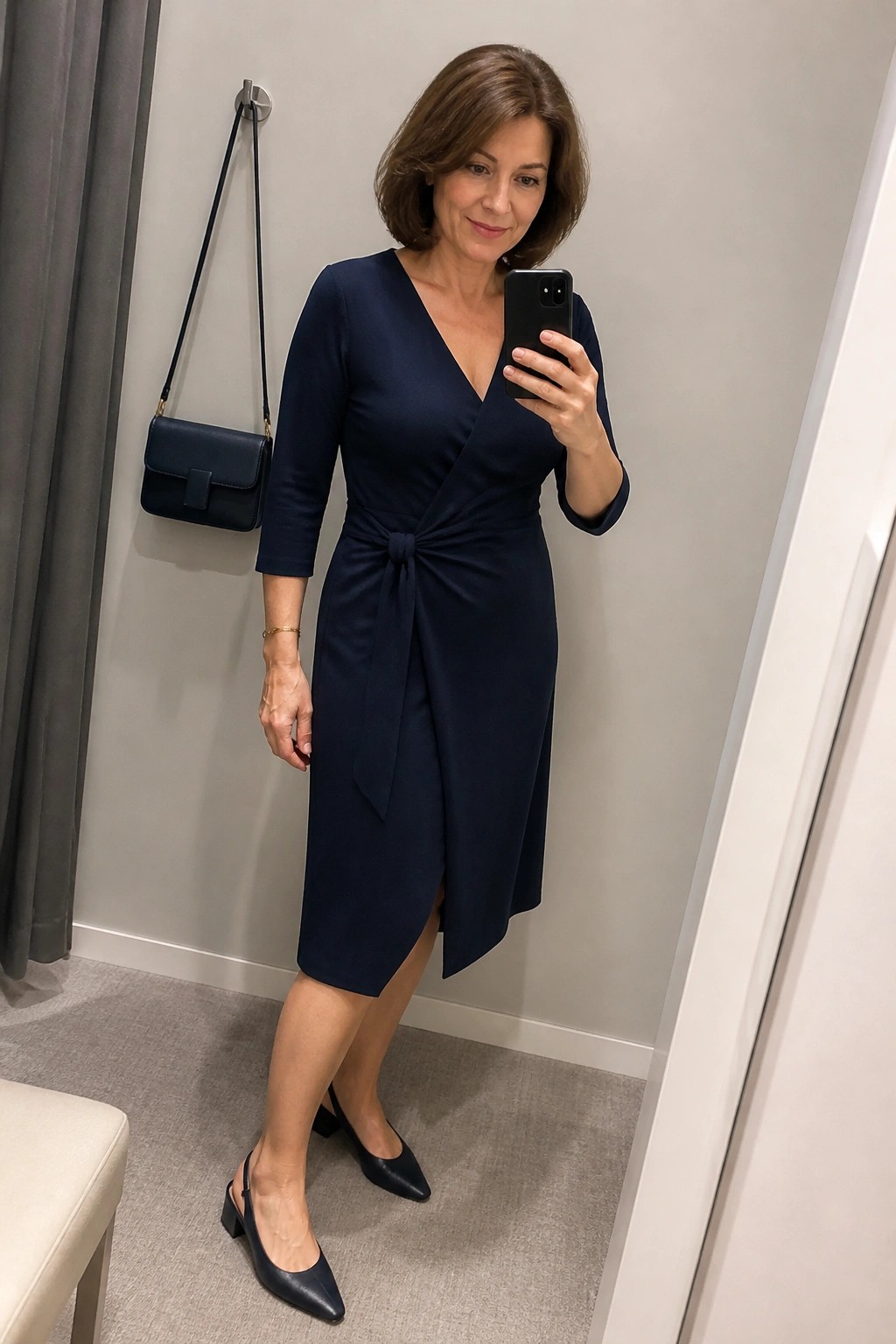 Woman in navy wrap dress taking mirror selfie beside blue handbag in fitting room