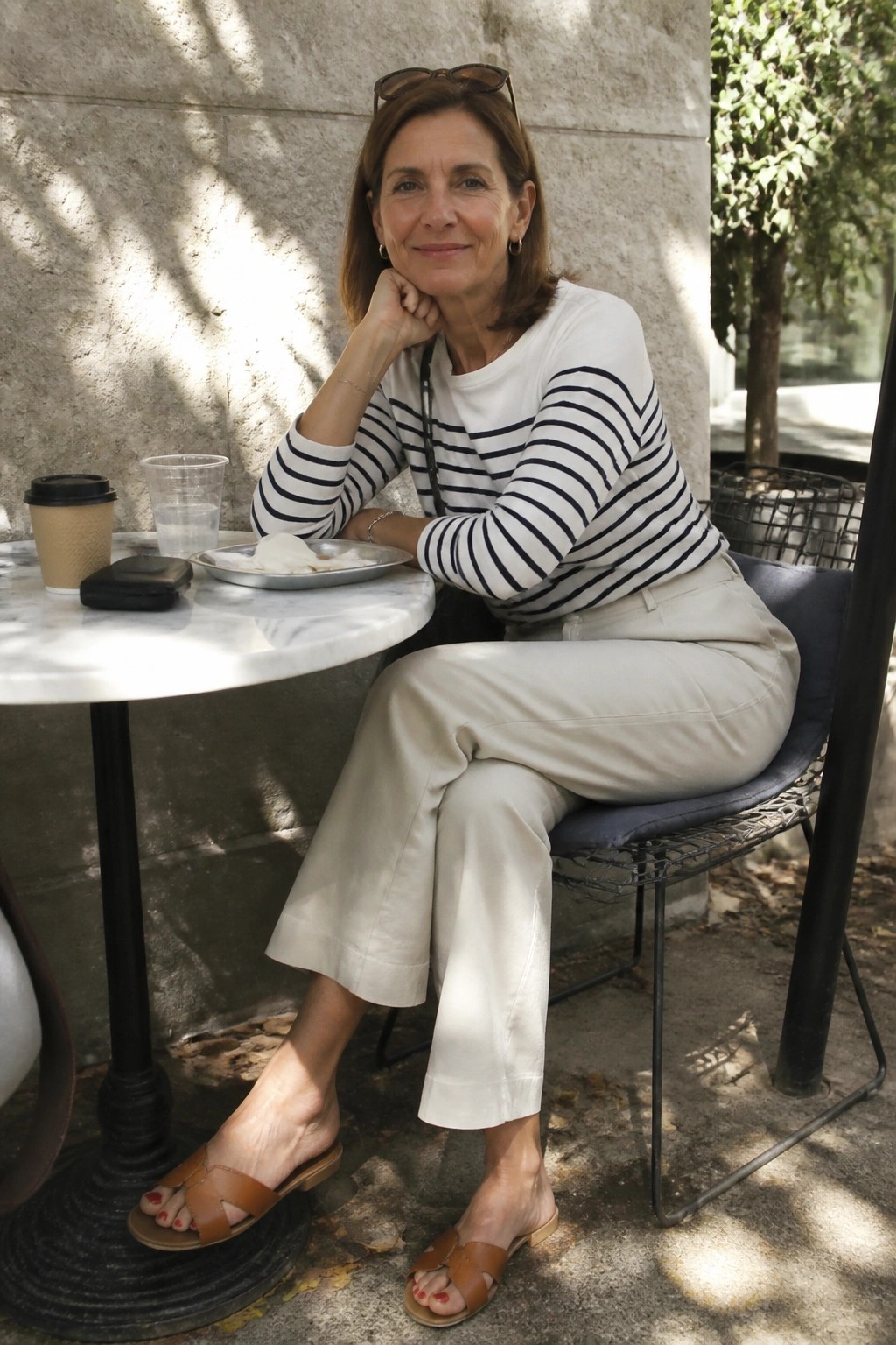 Woman in striped shirt and beige pants seated at outdoor marble cafe table