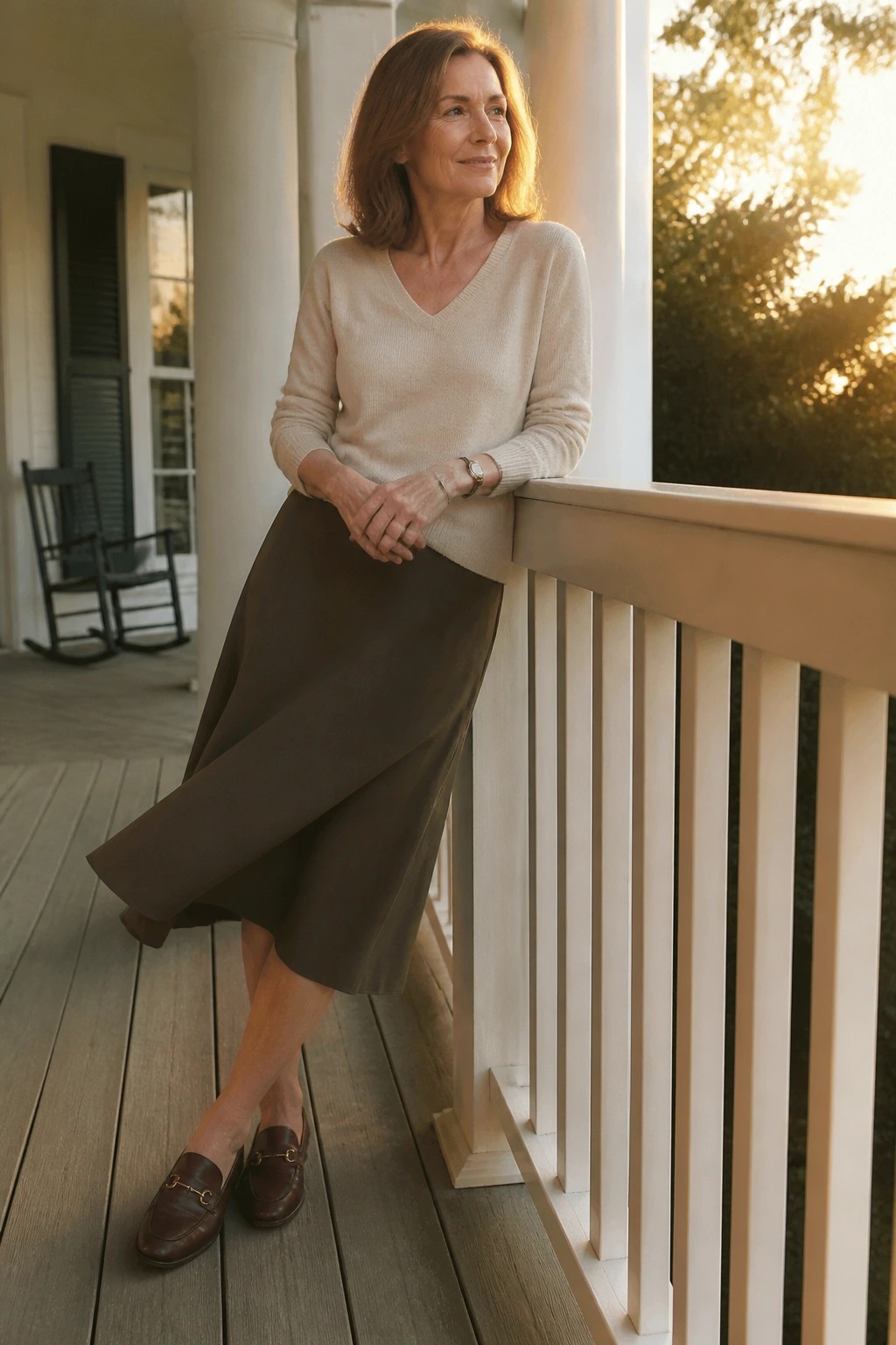 Woman in beige sweater and olive skirt leaning on porch railing at sunset