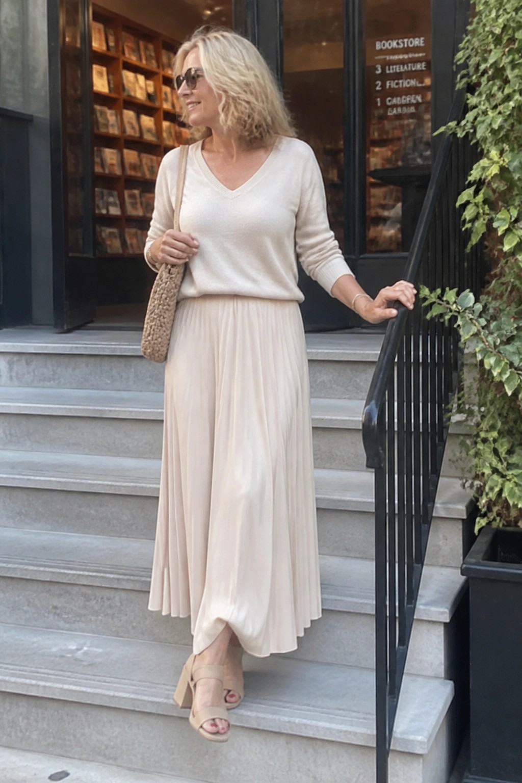 Blonde woman in beige V-neck sweater and pleated skirt on bookstore steps.