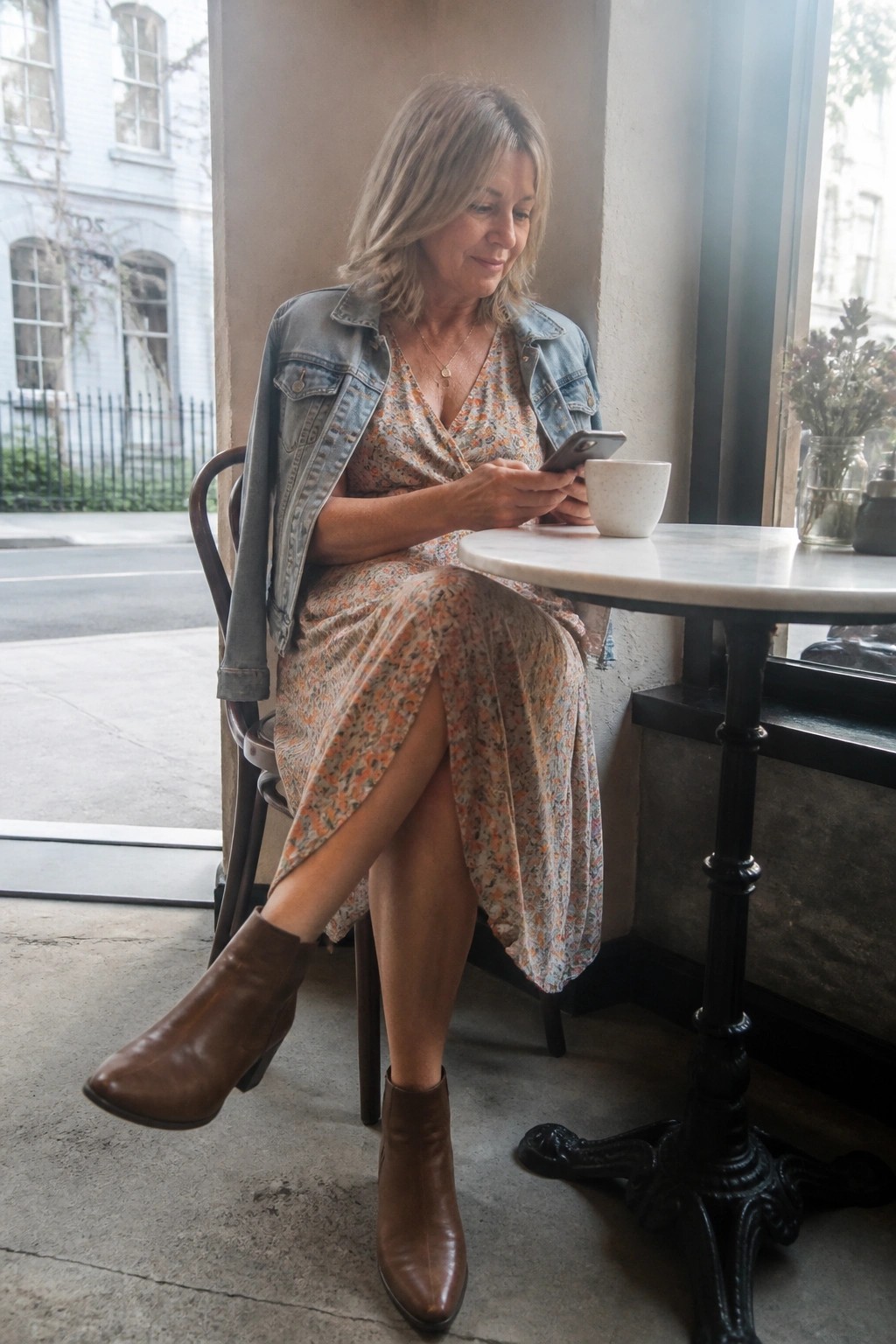 Woman in floral dress and denim jacket checks phone at marble cafe table with coffee