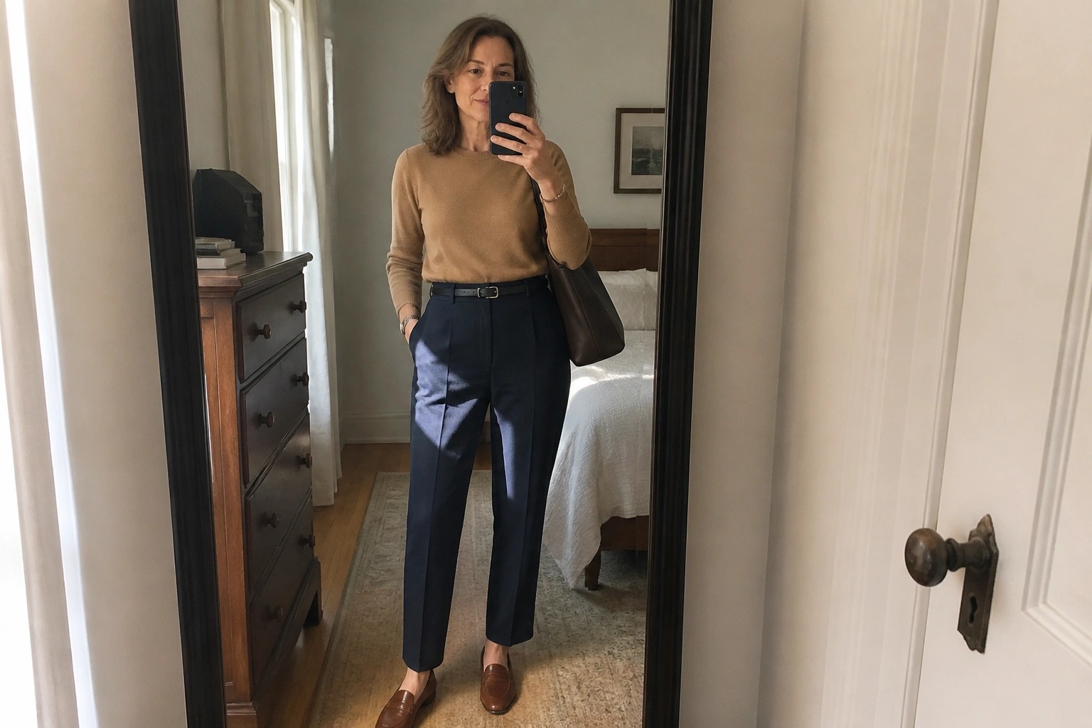 Woman in a tan knit sweater tucked into navy pleated trousers with a black belt and brown leather loafers holding a black tote and phone in a bedroom mirror selfie