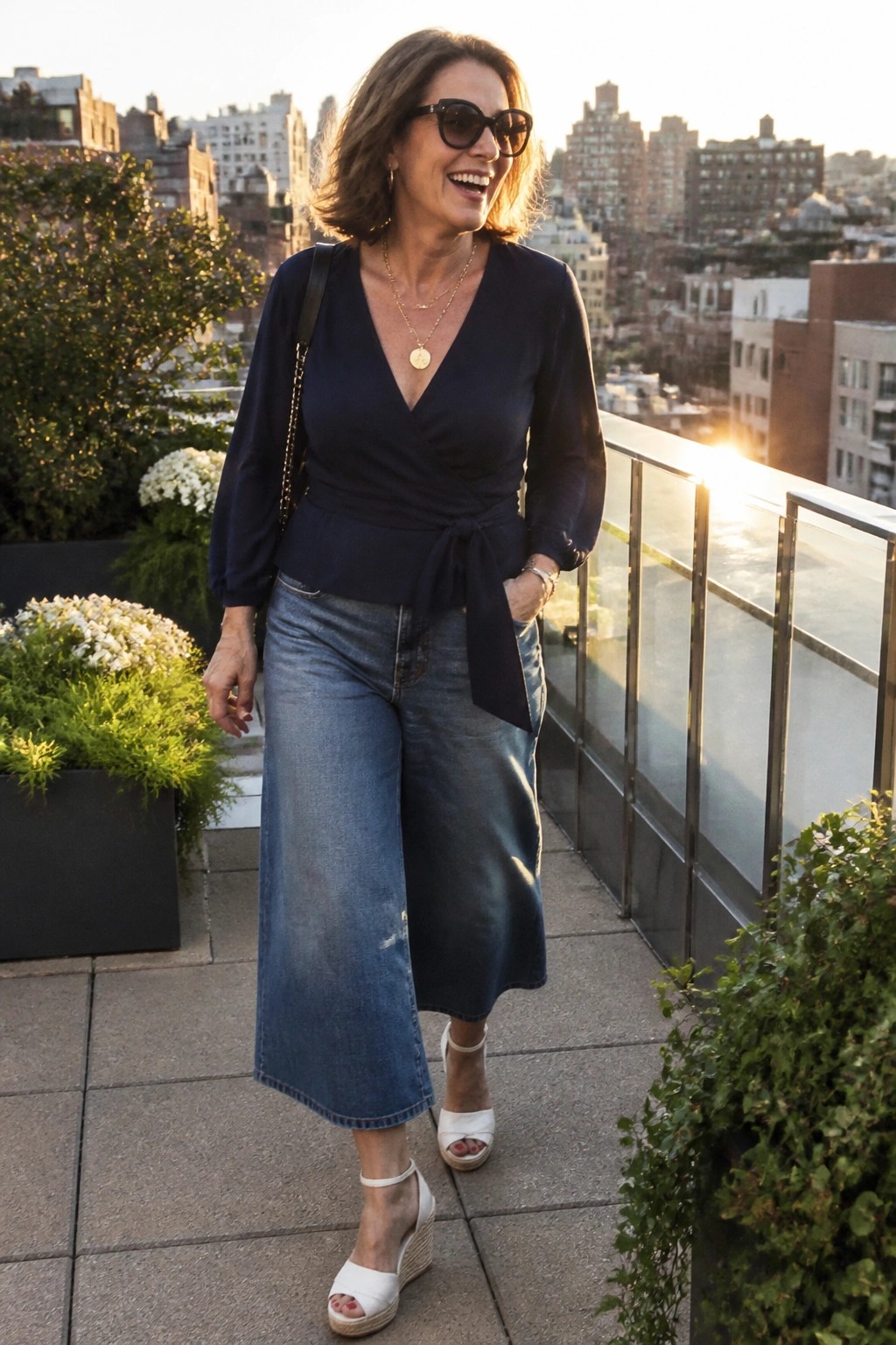 Woman in navy wrap top and wide-leg denim on sunny city rooftop