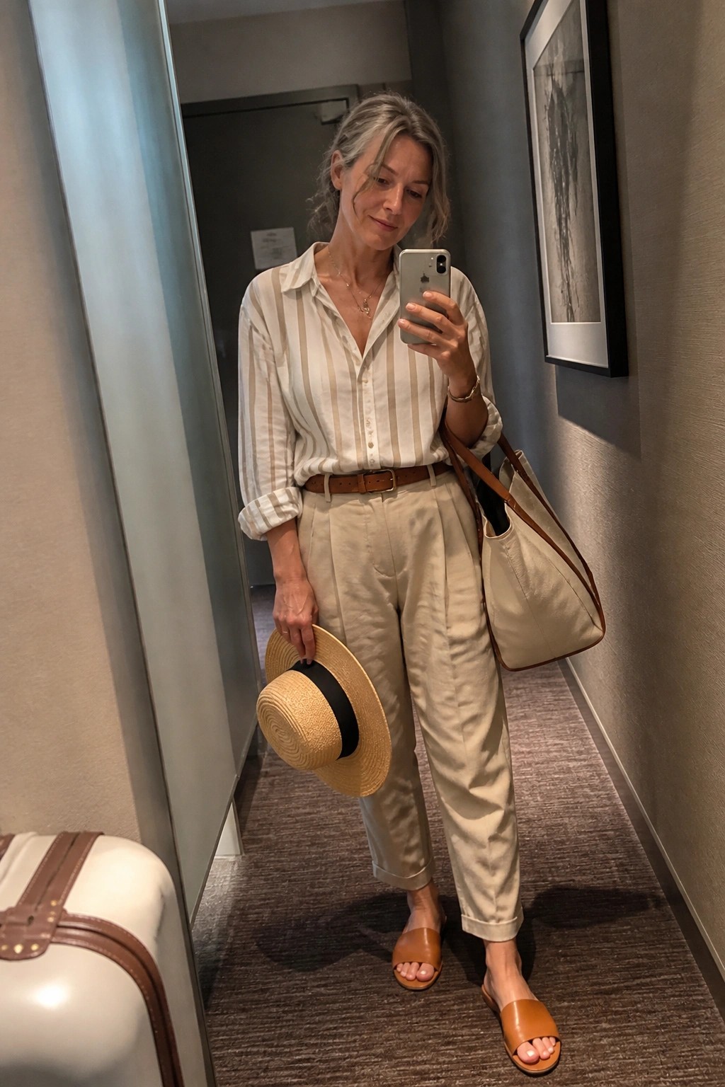 A woman over 50 in a white and beige striped button-up shirt tucked into beige trousers with a brown belt, paired with brown slide sandals, holding a straw hat and carrying a beige tote bag while standing in a hallway.