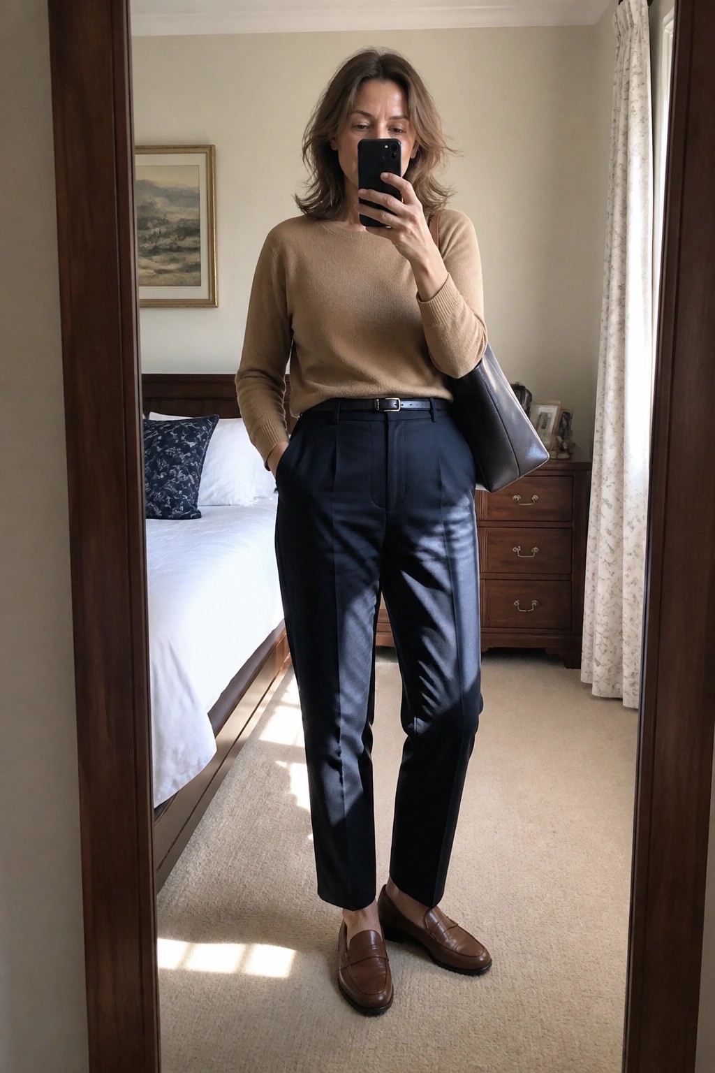 Woman in a tan knit sweater tucked into navy pleated trousers with a black belt and brown leather loafers holding a black tote and phone in a bedroom mirror selfie