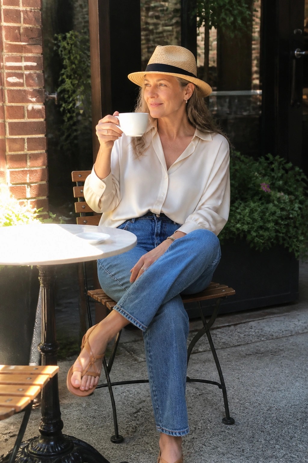 Woman in straw hat and white blouse sips coffee at sunny outdoor cafe.