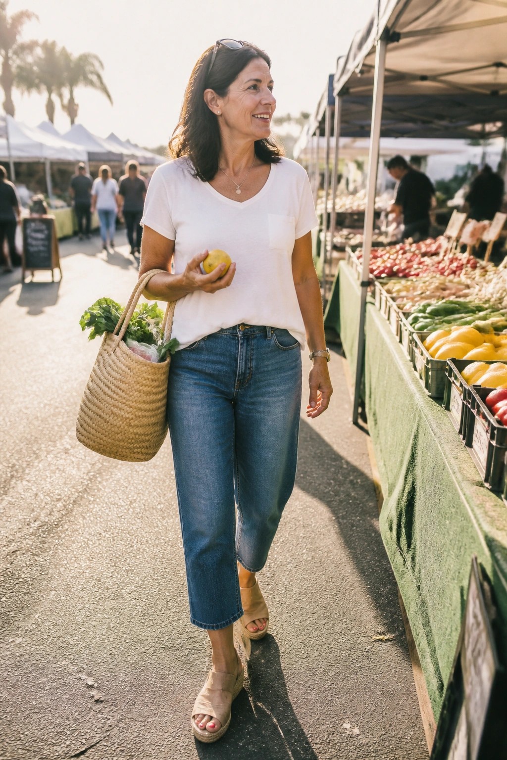 Woman in white shirt and jeans holding fruit with woven tote at sunny market