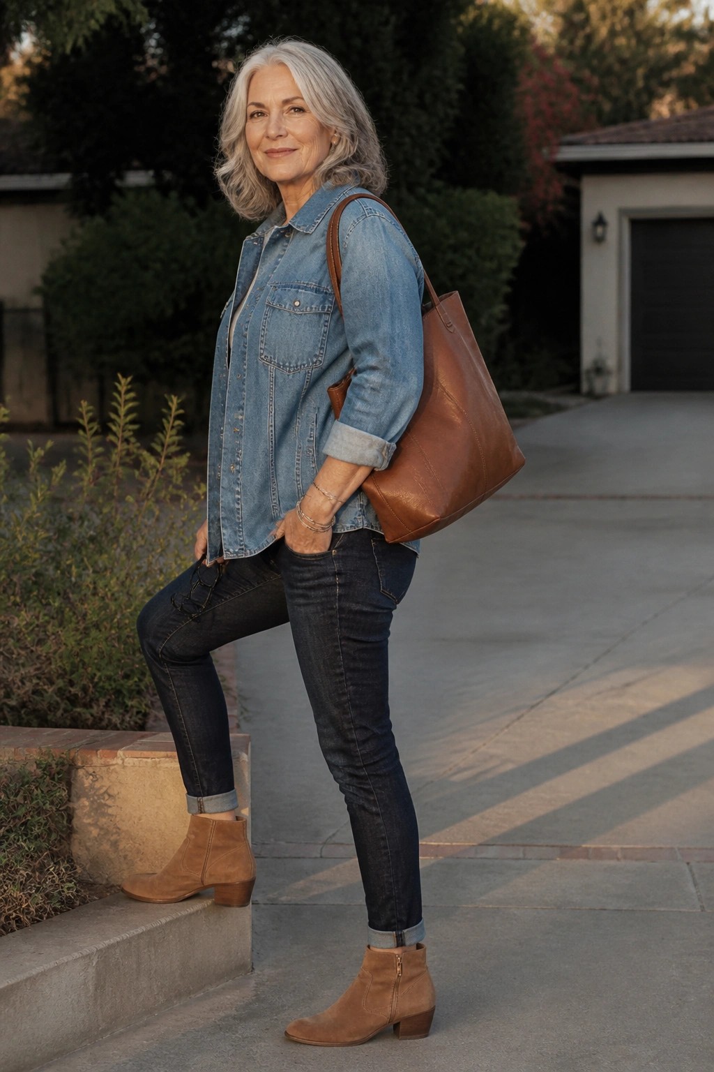 Gray-haired woman in denim jacket and jeans with brown leather tote bag outdoors
