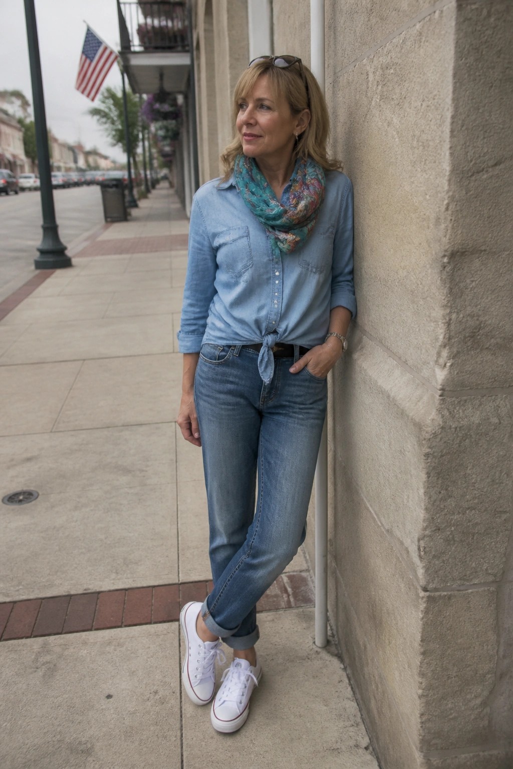 Woman in light blue denim shirt and jeans leaning on stone wall