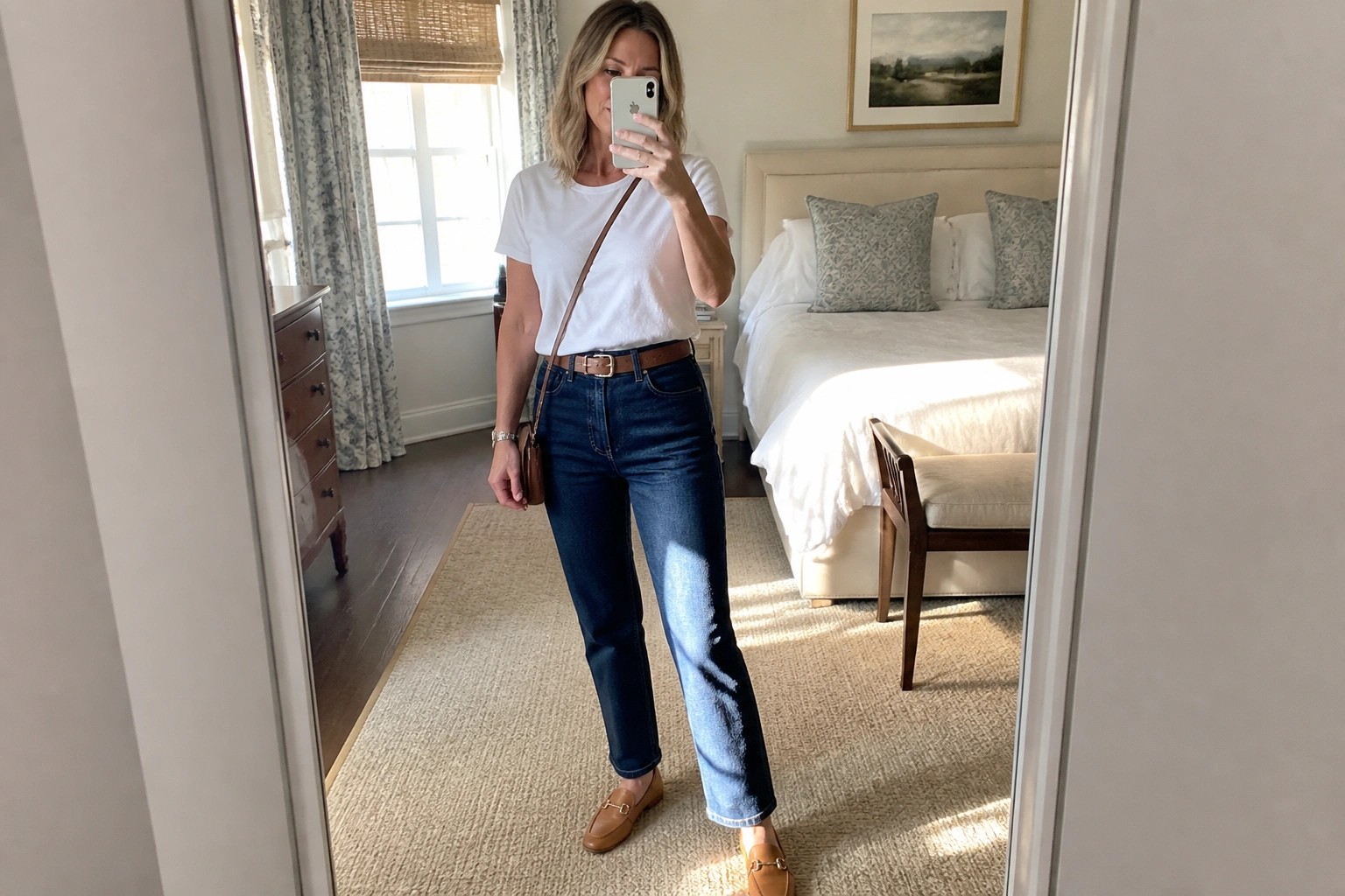 Woman in white t-shirt and jeans taking bedroom mirror selfie with phone
