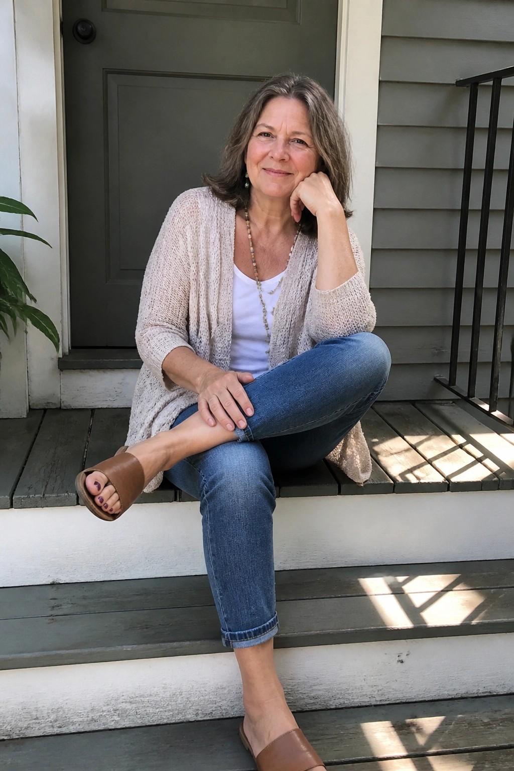Woman with graying hair sits on wooden steps in beige cardigan and jeans